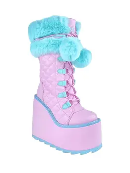 Кожаные милые ботинки на танкетке, платформе, меху до середины икры, женские розово-синие ботинки на высоком каблуке с круглым носком, модельные туфли для девочек, теплый дизайн 2023 года.