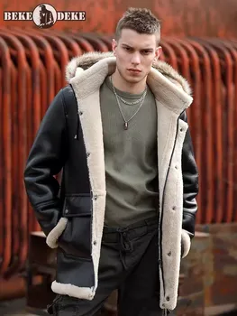 Оригинальное экологическое пальто из овчины с капюшоном, мужская зимняя шуба из натурального меха средней длины, толстая теплая шерстяная подкладка, куртка из натуральной кожи.