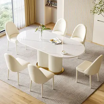 Современный минималистичный обеденный стол и стул из каменной доски, легкий роскошный овальный обеденный стол, стол в кремовом стиле для домашнего обихода