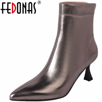 FEDONAS, осень-зима, Новые женские ботильоны, женская обувь из натуральной кожи на тонком высоком каблуке, Элегантная офисная обувь с острым носком, Базовая