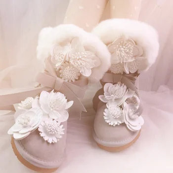 Милый кожаный объемный цветок, роскошные зимние ботинки из кроличьей шерсти, нескользящие женские хлопчатобумажные туфли средней длины