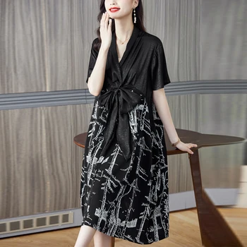 Женское черное платье 2023, Новая летняя темпераментная юбка средней длины в стиле пэчворк на шнуровке, свободная крупная тонкая юбка с принтом