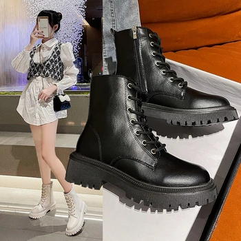 Женские ботильоны 2023 фирменного дизайна, черные кожаные ботинки на платформе, женские ботинки 