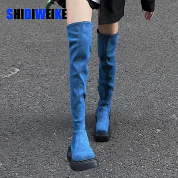 SDWK/ Осенние Новые поступления 7 см, Синие джинсовые сапоги выше колена на квадратном каблуке с карманом и квадратным носком на молнии, Женская обувь AD4369