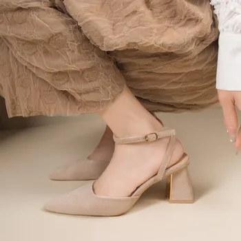 Женские туфли с острым носком на массивном каблуке 2023, Летние Сексуальные женские босоножки с ремешком на щиколотке, Офисные женские туфли на высоком каблуке