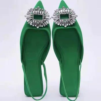 2022 Новая женская обувь с острым носком, мелкая, телесного цвета, Зеленая, с бриллиантами, Обувь на низком каблуке с ремешками сзади, Женские сандалии