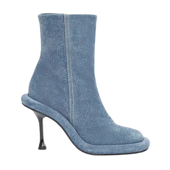 Осень-зима, новые синие джинсовые полусапожки в европейском и американском стиле на высоком каблуке на толстой подошве с круглым носком и боковой молнией, Женская обувь, Размер 35-43
