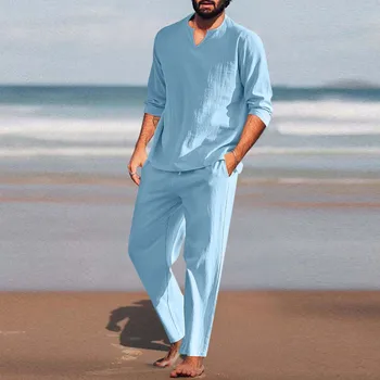 Однотонный комплект из 2 предметов, мужской хлопчатобумажный льняной пуловер с длинным рукавом, рубашка и повседневные пляжные свободные брюки, Летняя домашняя одежда, наряды