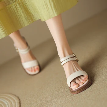Женские сандалии толщиной 6 см, кожаные туфли, французские туфли, простой дизайн, летние
