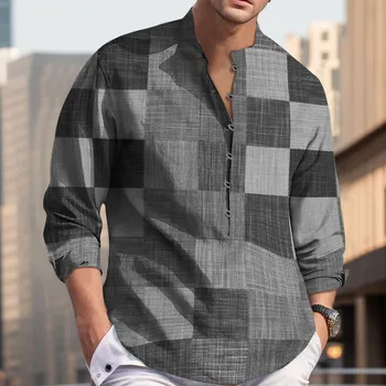 Мужская повседневная рубашка в клетку, весенне-осенний модный топ с цифровым принтом, V-образный вырез на пуговицах, рубашка Хенли с длинным рукавом, ретро-топы