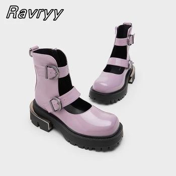 Фиолетовые ботинки с круглым носком и ремешком с пряжкой в стиле ретро, Новогодние летние ботинки на металлическом каблуке, лакированная кожа, глянцевая обувь Мэри Джейн на платформе