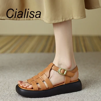 Женская обувь Cialisa 2023, Лаконичные сандалии из натуральной кожи, повседневный ремешок с пряжкой, Удобные женские сандалии ручной работы на среднем каблуке, Летняя новинка