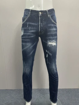 2023 Новые мужские облегающие джинсы Slim Fit с изношенными заплатками, окрашенные микроэластичными джинсами с маленькими дырочками для ног