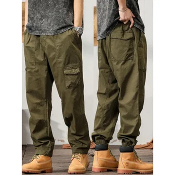 Летние легкие мужские брюки-карго с несколькими карманами, Мешковатые джоггеры для бега трусцой, армейские прямые повседневные длинные рабочие брюки из цельного хлопка