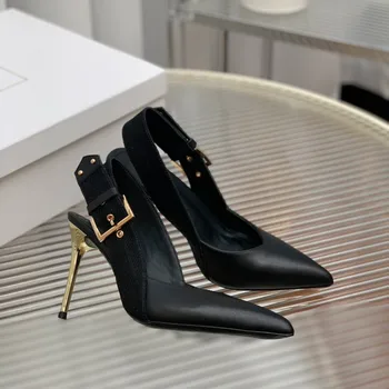 Летние черные женские босоножки на высоком каблуке, туфли-лодочки с острым носком, Размер 35-42, пряжка на щиколотке, Пикантные банкетные сандалии для женщин Mujer