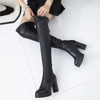 Осенне-зимние женские кожаные ботфорты выше колена на платформе и высоком каблуке, зимние сапоги до бедра для женщин, женская обувь