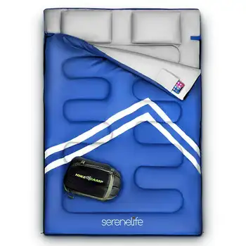 Роскошный, легкий, водонепроницаемый и прочный Синий двухместный спальный мешок SLSBBL с двумя подушками, идеально подходящий для кемпинга взрослых / подростков,