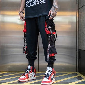Мужские брюки в стиле хип-хоп с несколькими карманами, брюки-карго, повседневные Модные цветные ленты для уличной одежды, спортивные штаны, мужская одежда