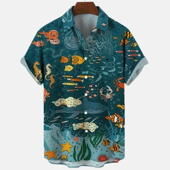 Мужская гавайская рубашка с короткими рукавами, летний повседневный тренд, 3D-печать, негабаритный Дышащий Крутой узор в виде Золотой рыбки в горошек