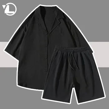 Комплект в корейском стиле, мужские летние быстросохнущие рубашки + свободные повседневные шорты, комплект из 2 предметов, модные однотонные тонкие костюмы с коротким рукавом