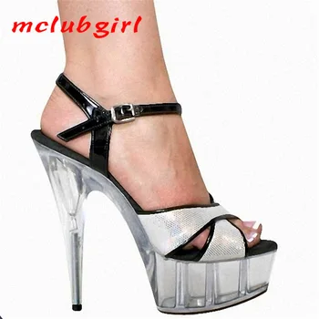 Женская обувь На высоком каблуке с перекрестным ремешком, танцевальные босоножки с открытым носком и блестками, тонкий каблук 15 см, каблук 5 см, платформа YKC