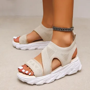 Женские спортивные сандалии, модные простые летние дышащие удобные сандалии с полой сеткой, однотонные сандалии без застежки из эластана, повседневные сандалии