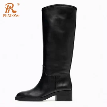 PRXDONG / 2023, Новый бренд, осенне-зимние теплые сапоги до колена из натуральной кожи, черные повседневные ботинки 