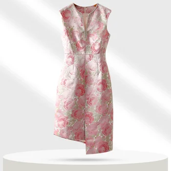Темпераментный жилет-юбка без рукавов с V-образным вырезом, усыпанный бриллиантами, Французское деловое платье для поездок на работу с нерегулярной юбкой с запахом на бедрах