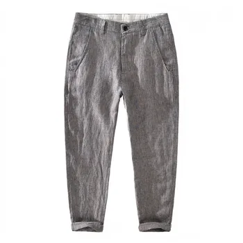 Летние тонкие повседневные льняные мужские брюки, укороченные брюки для маленьких ножек, Облегающие хлопчатобумажные льняные брюки, окрашенные в пряжу, Модные льняные брюки