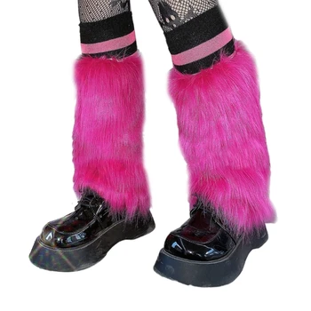 Чехол для ботинок из искусственного меха Harajuku, Розово-красные Меховые гетры, Зимние носки для женщин