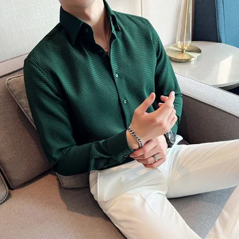 Рубашка с воротником в корейском стиле с длинным рукавом, мужская осенняя новая тенденция, деловой досуг, приталяющая Высокая красивая блузка, мужская повседневная вафельная Зеленая
