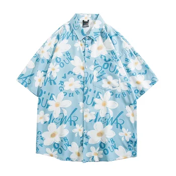Летняя рубашка с цветочным принтом из шелка для мальчиков с коротким рукавом, рубашки для мужчин из ропы
