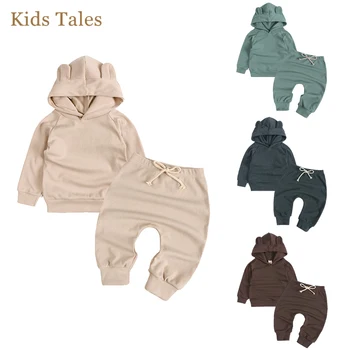 2шт Детская Осенне-зимняя одежда для маленьких мальчиков и девочек, однотонная толстовка с капюшоном, топы + длинные брюки, комплекты детской одежды
