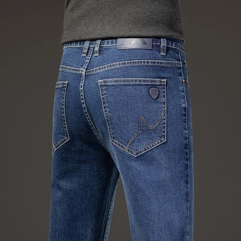 Брендовые мужские модные джинсы Slim Fit Прямые стрейчевые хлопковые джинсовые брюки Осень Зима Классические синие деловые повседневные брюки