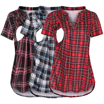 Комплекты футболок из 3 предметов для беременных, Повседневные топы в клетку с коротким рукавом и принтом, Женская блузка для кормления грудью, футболка с V-образным вырезом.