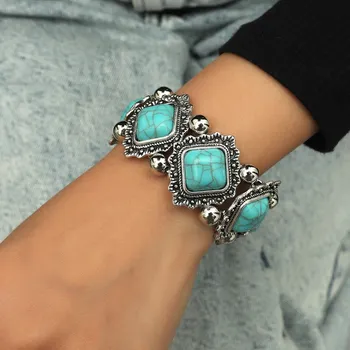 Европейский и американский этнический стиль персонализированный ретро сплав бирюзовый эластичный браслет для женщин Богемный браслет ювелирные изделия