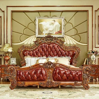 Мебель для спальни Европейская кожаная кровать вилла французская роскошь Феникс резная американская свадебная кровать