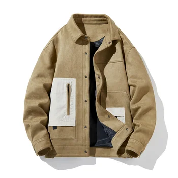 2023 Мужская весенняя куртка из искусственной замши с лацканами в стиле уличного стиля, воротник-стойка, модная повседневная версия, винтажная куртка
