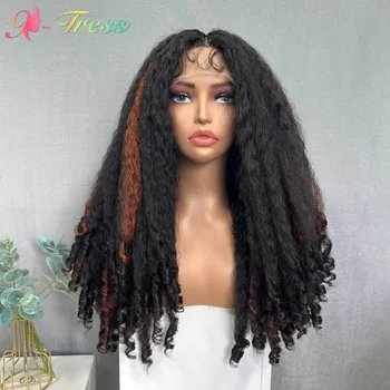 X-TRESS Афро Вьющиеся Синтетические Волосы На Кружеве Парик для Чернокожих Женщин Ginger Highlight Ежедневное Использование Термостойкий Средний Размер 20 дюймов