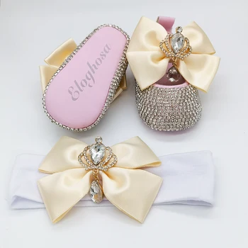 Роскошная ювелирная корона Dollbling Для девочки 0-1 лет, обувь для кроватки Bella с подходящим набором повязок на голову, Персонализированное имя, подарок для новорожденного