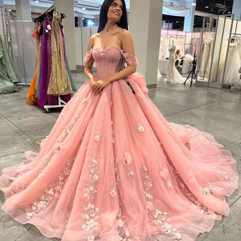 Розовые пышные платья 2023, бальное платье в виде сердца, пышный тюль, Сладкие 16 платьев, аппликация 3DFlower, Элегантное кружевное платье для выпускного вечера