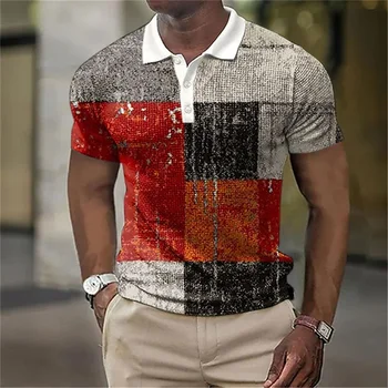 Винтажная мужская рубашка-поло в лоскутную клетку с принтом, Летняя мужская одежда, толстовка, рубашка оверсайз, уличные топы, повседневные топы с коротким рукавом