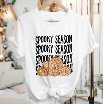 Женская футболка с милым и забавным рисунком с короткими рукавами, тренд на Хэллоуин, новая милая одежда, модная базовая футболка, топ, футболка с принтом.