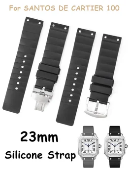 Силиконовый ремешок для часов SANTOS DE CARTIER серии 100, черная складная застежка с заклепками, удобный мужской браслет для часов 23 мм