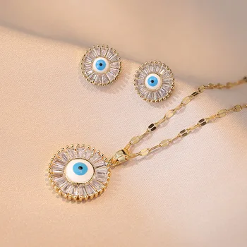Круглые серьги-гвоздики и подвески с чешскими голубыми глазами, цепочки из нержавеющей стали, ожерелья Для женщин, наборы свадебных украшений с белым цирконием.