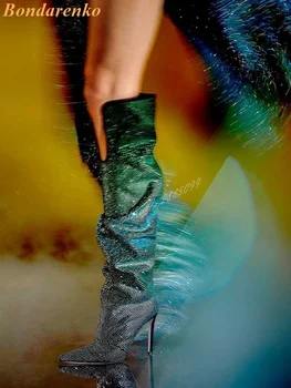 Разноцветные ботинки с украшением в виде кристаллов, сапоги на шпильке С острым носком, сапоги-слипоны до колена, Эластичная женская обувь Нового стиля, Весенний банкет