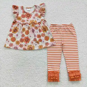 Одежда для детей от 1 до 14 лет оптом, оранжевая кружевная одежда с развевающимися рукавами и рюшами в цветочек
