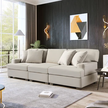 Простой 3-местный диван, диван современного комбинированного дизайна со съемной спинкой, подушками для сиденья и 4 удобными подушками для гостиной