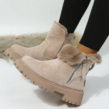 2023 Зимние ботинки из толстого плюша, женские нескользящие зимние ботинки из искусственной замши, женские теплые ботинки с хлопковой подкладкой, ботильоны на платформе