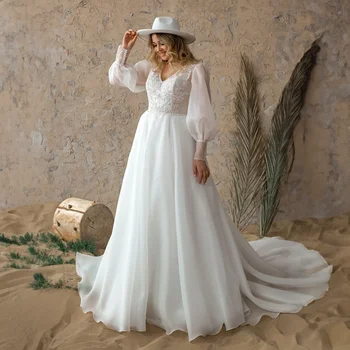 Потрясающее Свадебное платье Трапециевидной формы с V-образным вырезом и длинными рукавами для невест Большого размера с юбкой из Органзы robes d'occasion sur mesure